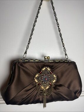 Vintage 90s Inge Christopher Brown Embellished Satin Evening Clutch